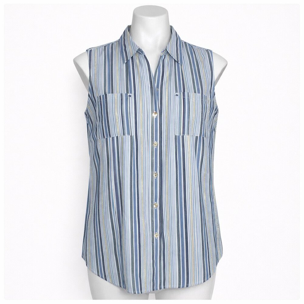 ANNE KLEIN Gold Stripe Sleeveless Button Front Top Size L